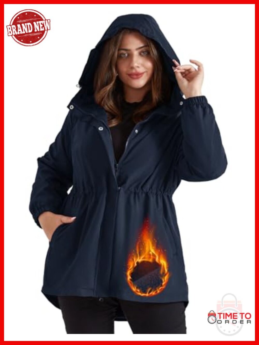 Plus Size Waterproof Fleece Lined Rain Jacket Hooded Windbreaker Long